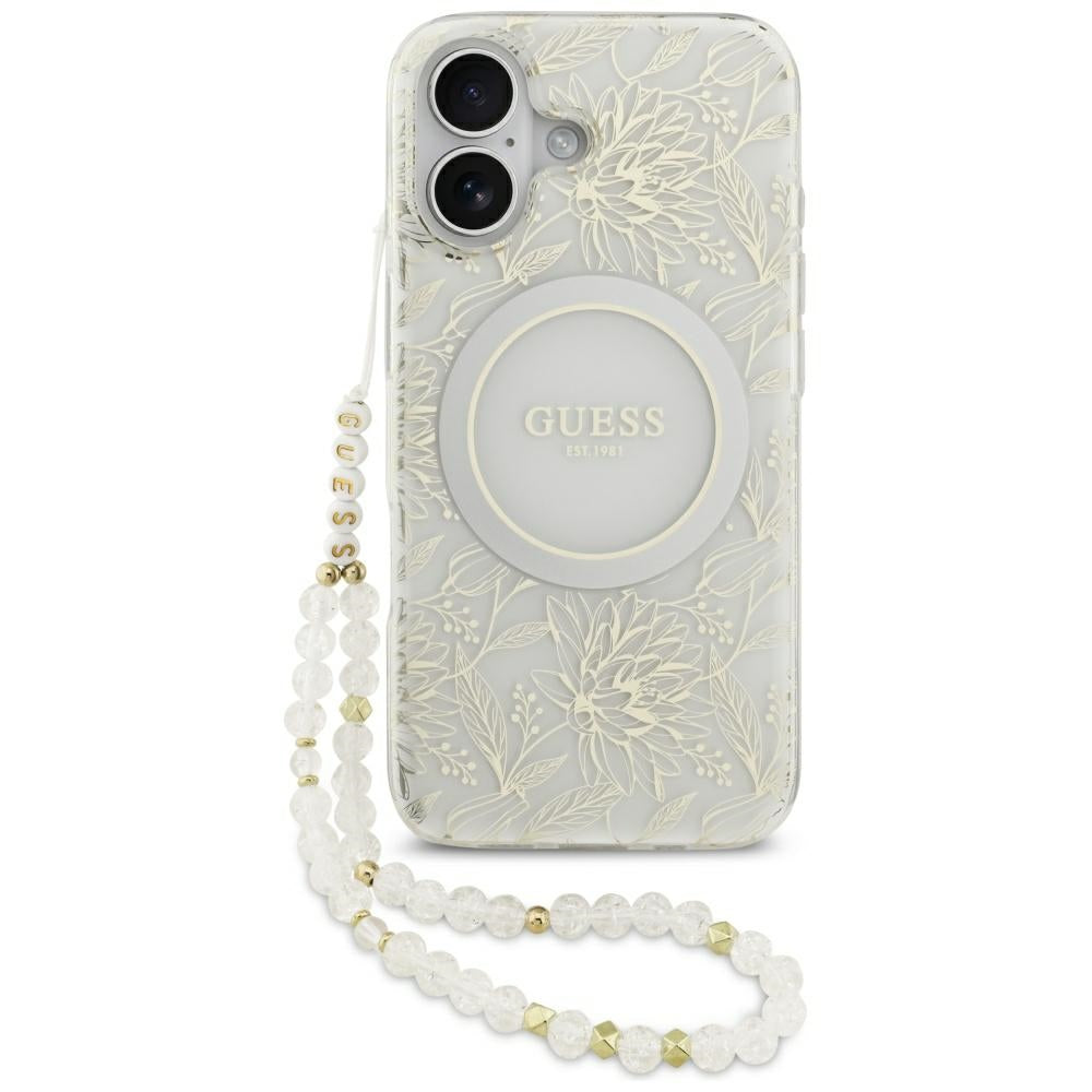 Guess IML Flowers Electro Pearl Strap MagSafe case for iPhone 17 - white_0