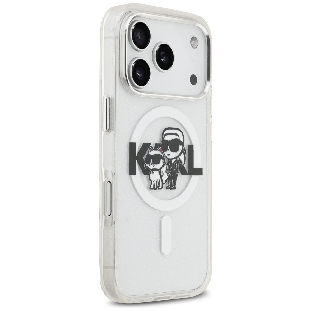 Karl Lagerfeld IML Glitter Karl &amp; Choupette Sketch Logo MagSafe Case for iPhone 17 Pro - Clear_3