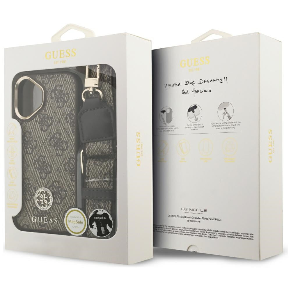 Guess 4G Strass Logo &amp; Big Strap Metal Buttons MagSafe Case for iPhone 17 - Brown_8
