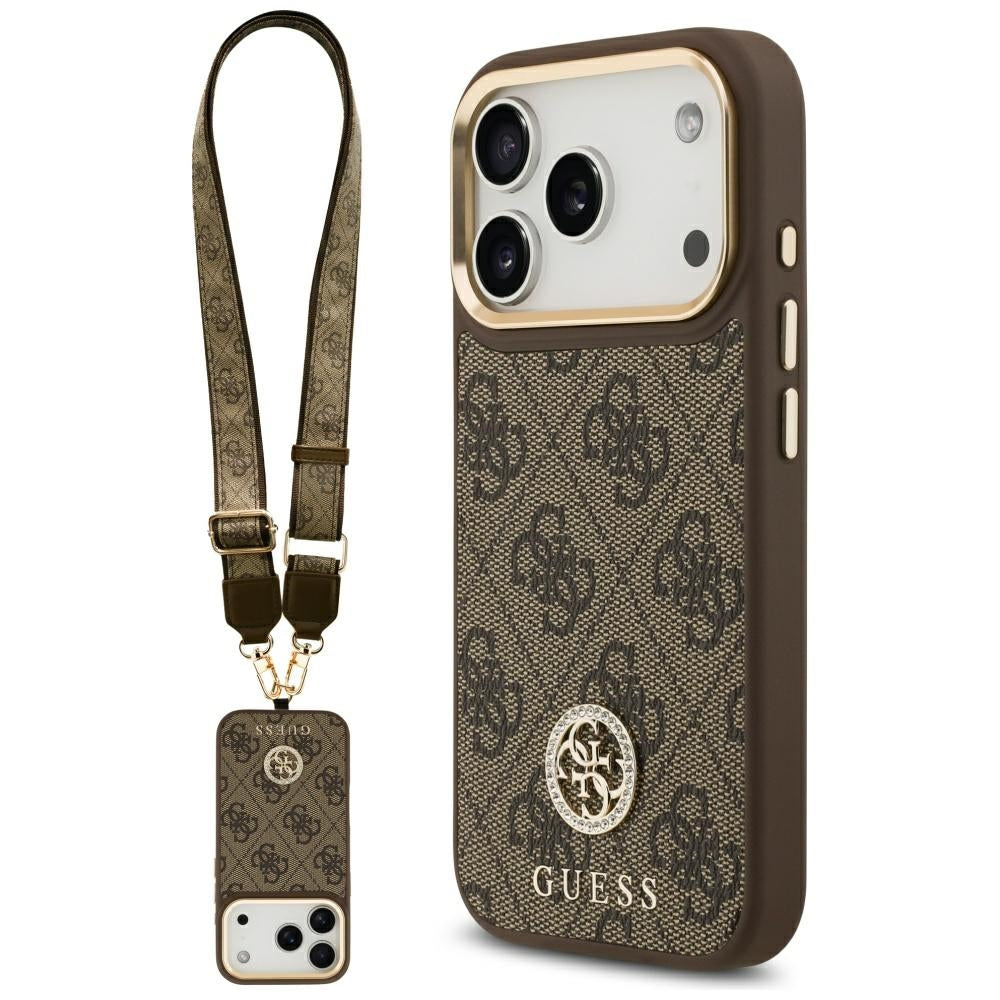 Guess 4G Strass Logo &amp; Big Strap Metal Buttons MagSafe Case for iPhone 17 Pro - Brown_0