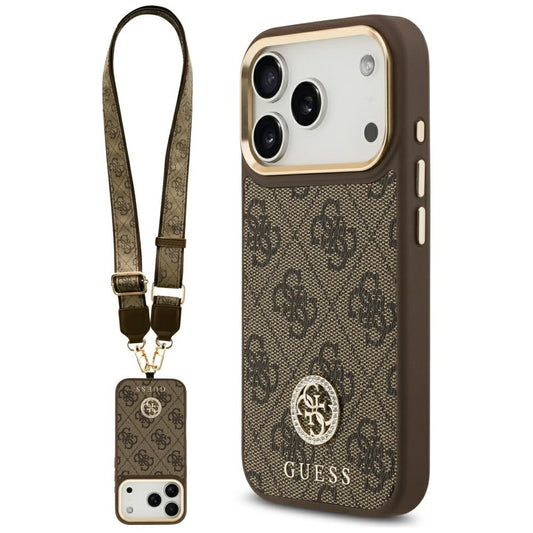 Guess 4G Strass Logo &amp; Big Strap Metal Buttons MagSafe Case for iPhone 17 Pro - Brown_0