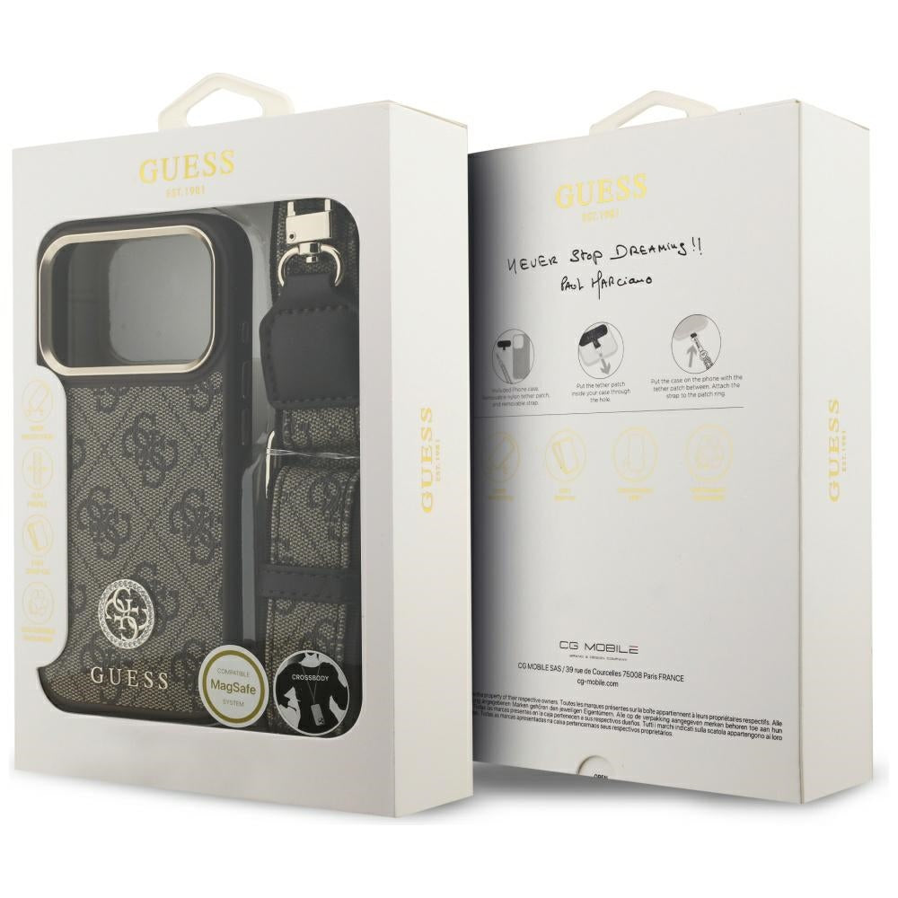 Guess 4G Strass Logo &amp; Big Strap Metal Buttons MagSafe Case for iPhone 17 Pro - Brown_8