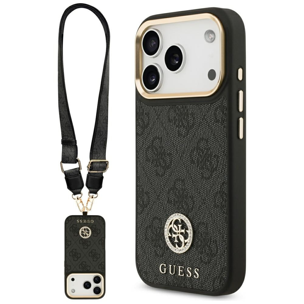 Guess 4G Strass Logo &amp; Big Strap Metal Buttons MagSafe Case for iPhone 17 Pro - Black_0