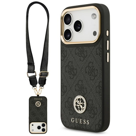 Guess 4G Strass Logo &amp; Big Strap Metal Buttons MagSafe Case for iPhone 17 Pro - Black_0