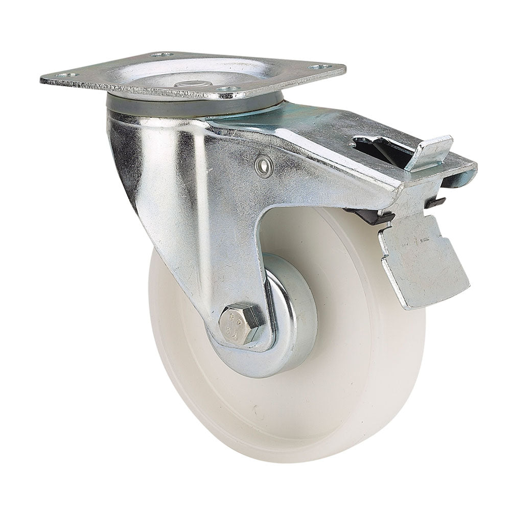 Roda giratÃ³ria polyamix com placa, eixo liso e travÃ£o, branca, carga mÃ¡x. 150 kg, Ã¸ 10 cm_0