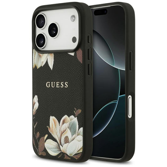 Guess Grained Flowers Classic Logo MagSafe case for iPhone 17 Pro - black_0