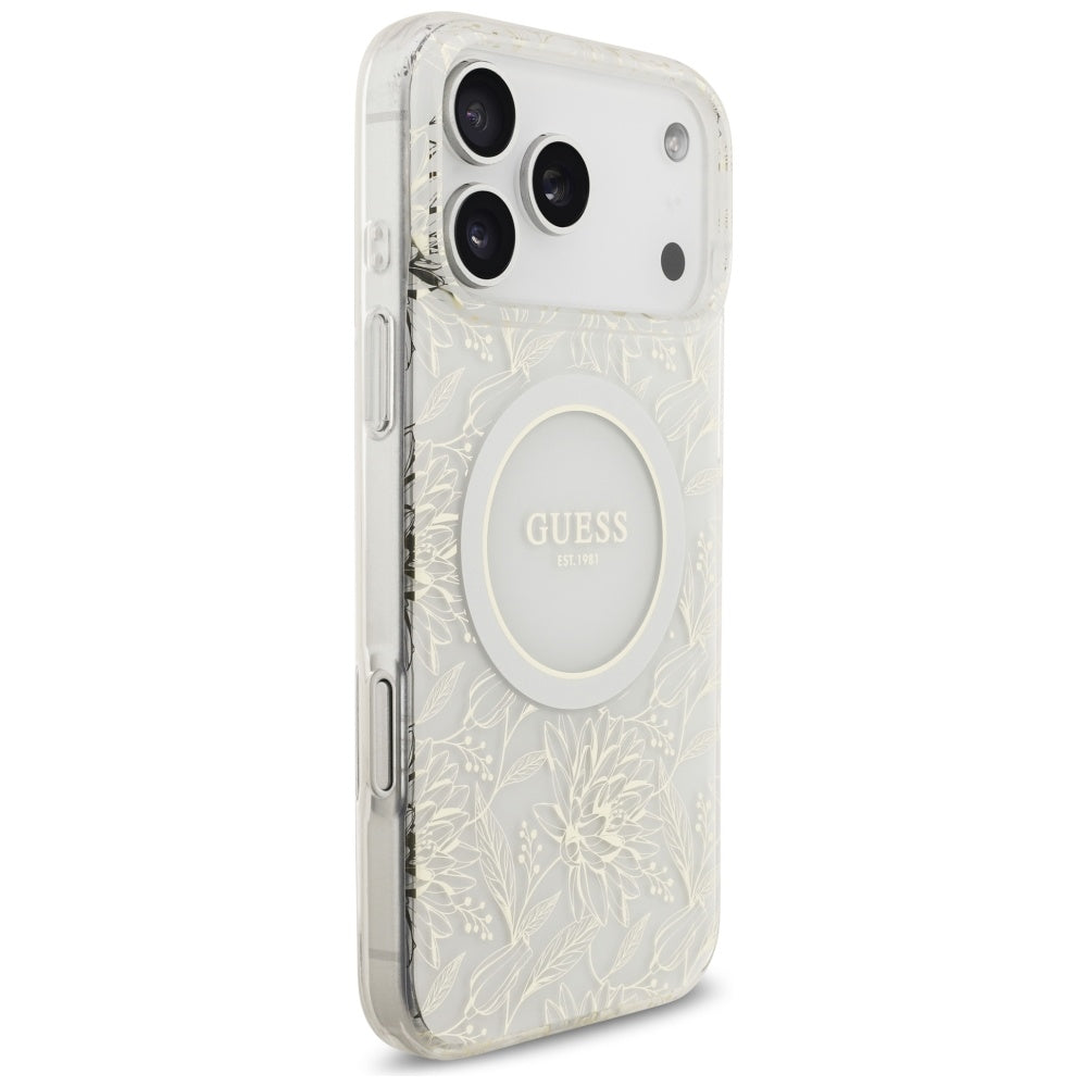 Guess IML Flowers Electro Pearl Strap MagSafe Case for iPhone 17 Pro Max - White_3