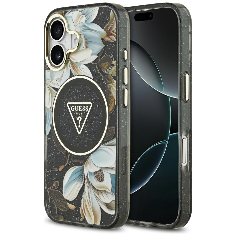 Guess IML Glitter Flowers Triangle MagSafe case for iPhone 17 - black_0