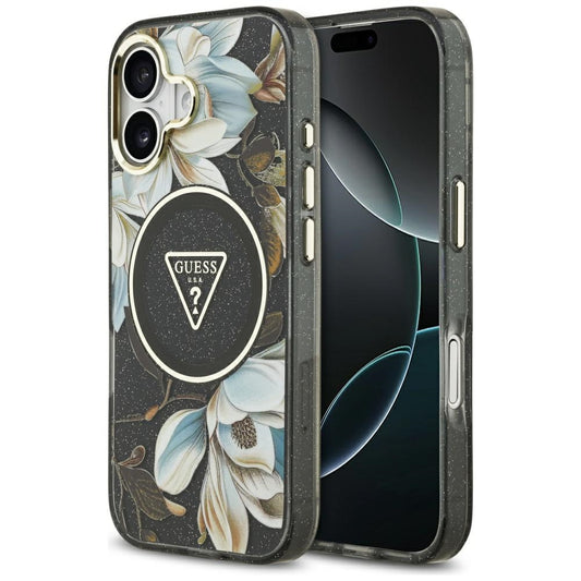 Guess IML Glitter Flowers Triangle MagSafe case for iPhone 17 - black_0