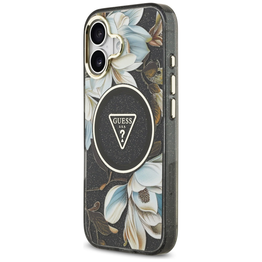 Guess IML Glitter Flowers Triangle MagSafe case for iPhone 17 - black_1