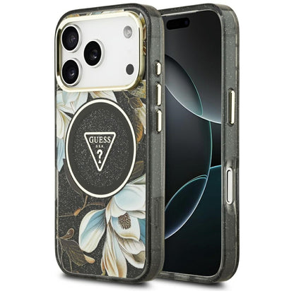 Guess IML Glitter Flowers Triangle MagSafe case for iPhone 17 Pro - black_0