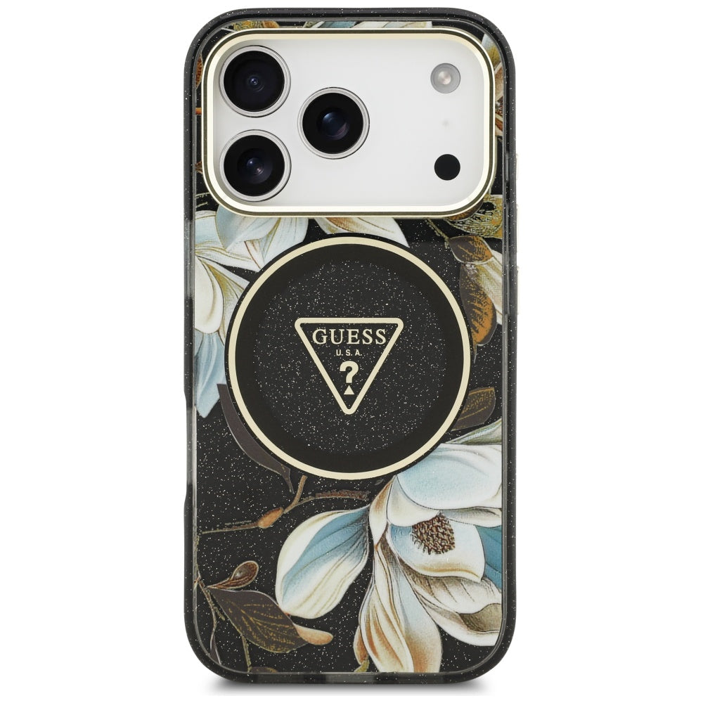 Guess IML Glitter Flowers Triangle MagSafe case for iPhone 17 Pro - black_2