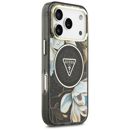Guess IML Glitter Flowers Triangle MagSafe case for iPhone 17 Pro - black_3