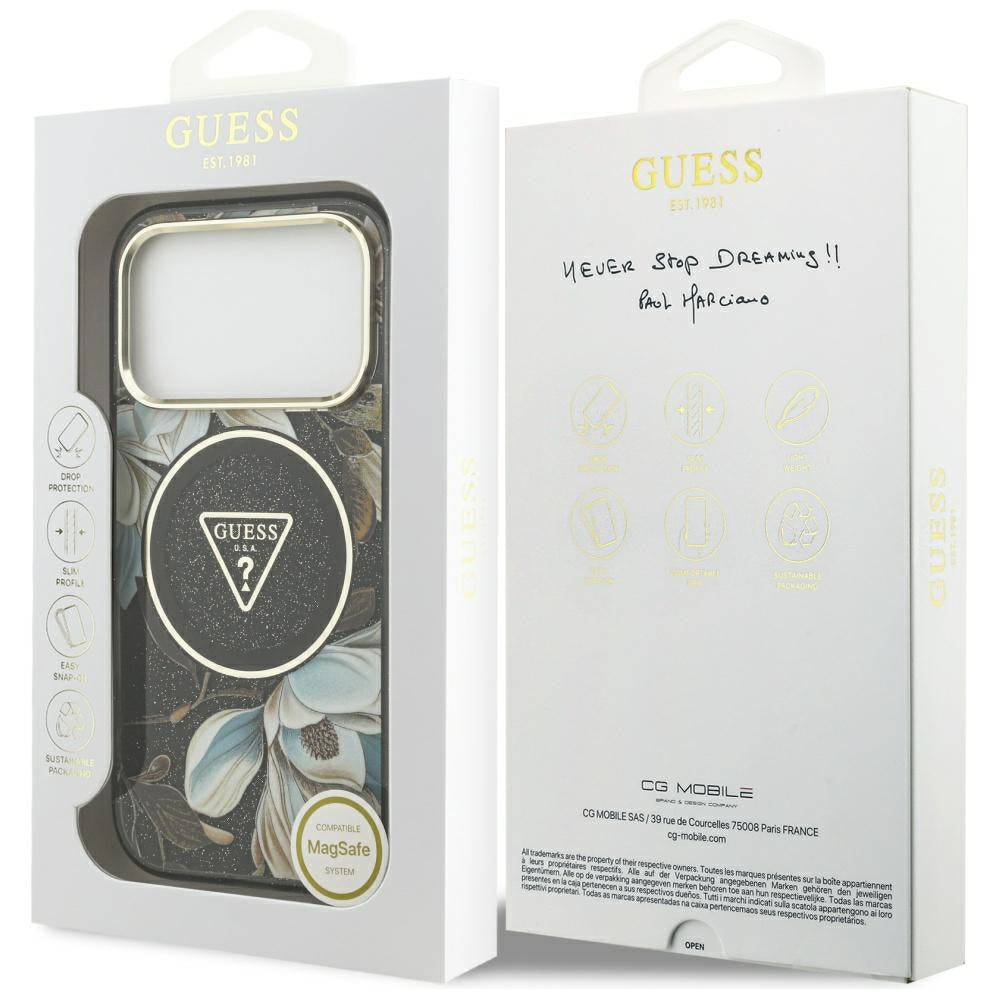 Guess IML Glitter Flowers Triangle MagSafe case for iPhone 17 Pro - black_7