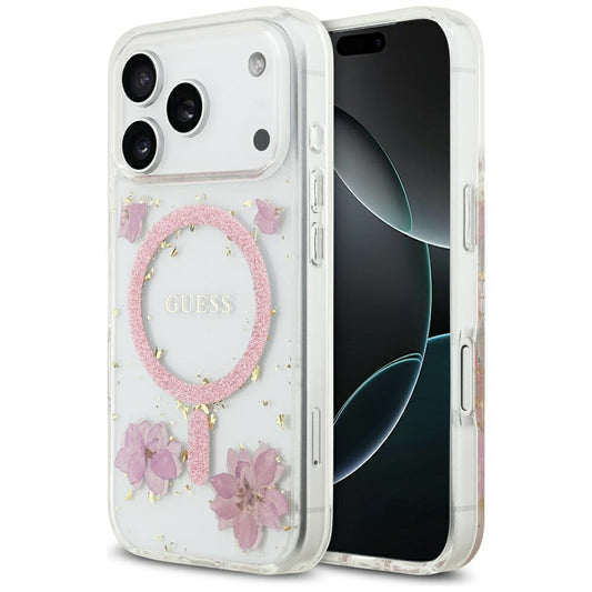 Guess Resin Flowers Glitter MagSafe Case for iPhone 17 Pro - Pink_0
