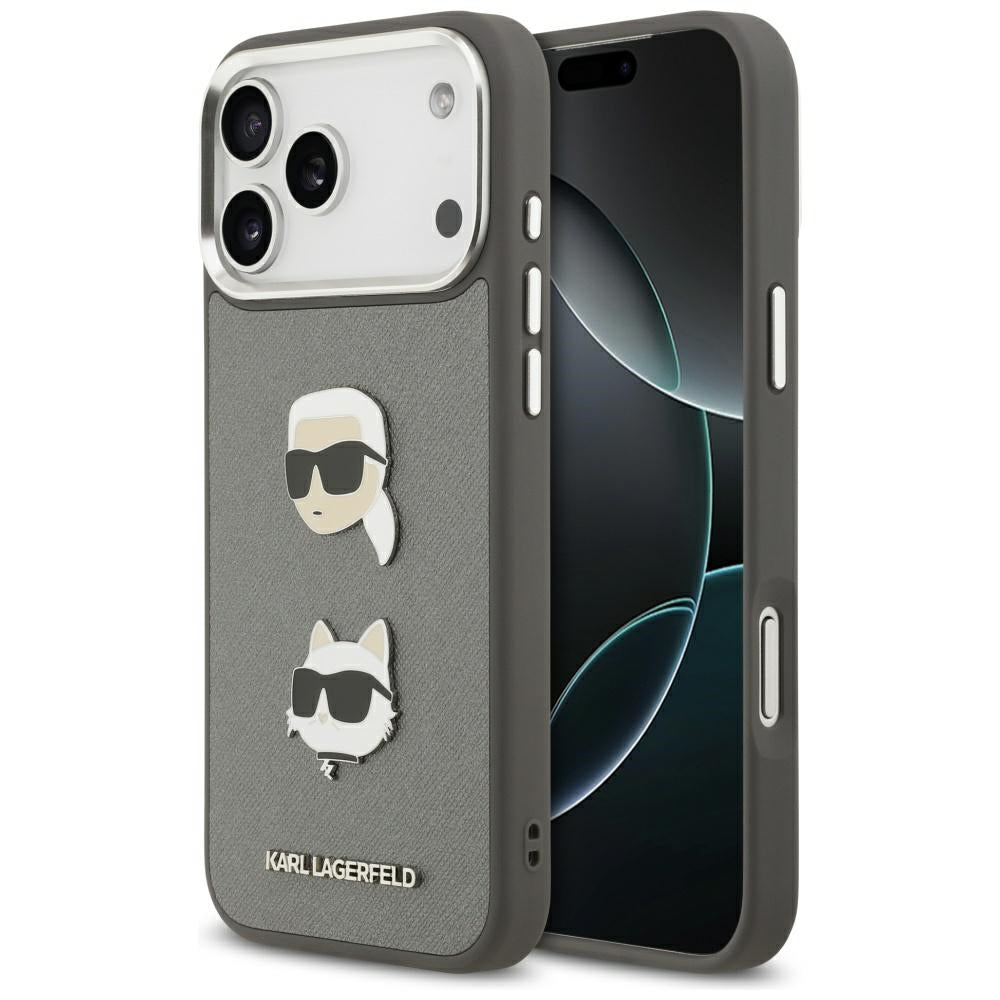 Karl Lagerfeld FW Grained Karl &amp; Choupette Heads Pins &amp; Logo iPhone 17 Pro Max Case - Gray_0