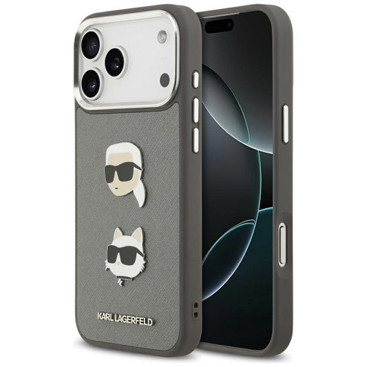 Karl Lagerfeld FW Grained Karl &amp; Choupette Heads Pins &amp; Logo iPhone 17 Pro Max Case - Gray_0