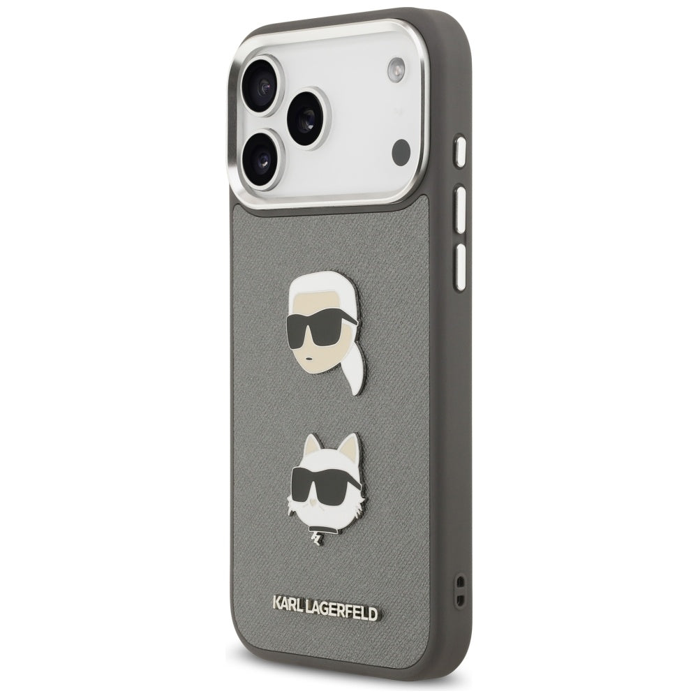 Karl Lagerfeld FW Grained Karl &amp; Choupette Heads Pins &amp; Logo iPhone 17 Pro Max Case - Gray_1