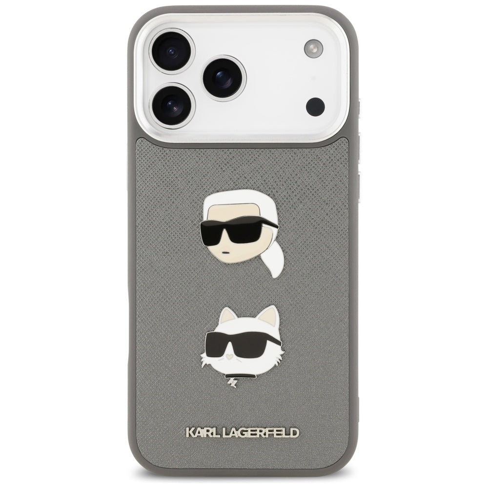 Karl Lagerfeld FW Grained Karl &amp; Choupette Heads Pins &amp; Logo iPhone 17 Pro Max Case - Gray_2