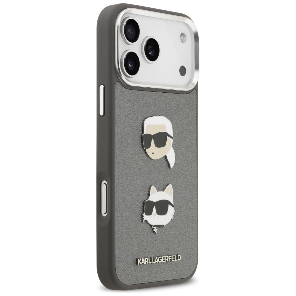 Karl Lagerfeld FW Grained Karl &amp; Choupette Heads Pins &amp; Logo iPhone 17 Pro Max Case - Gray_3