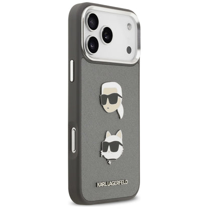 Karl Lagerfeld FW Grained Karl &amp; Choupette Heads Pins &amp; Logo iPhone 17 Pro Max Case - Gray_3