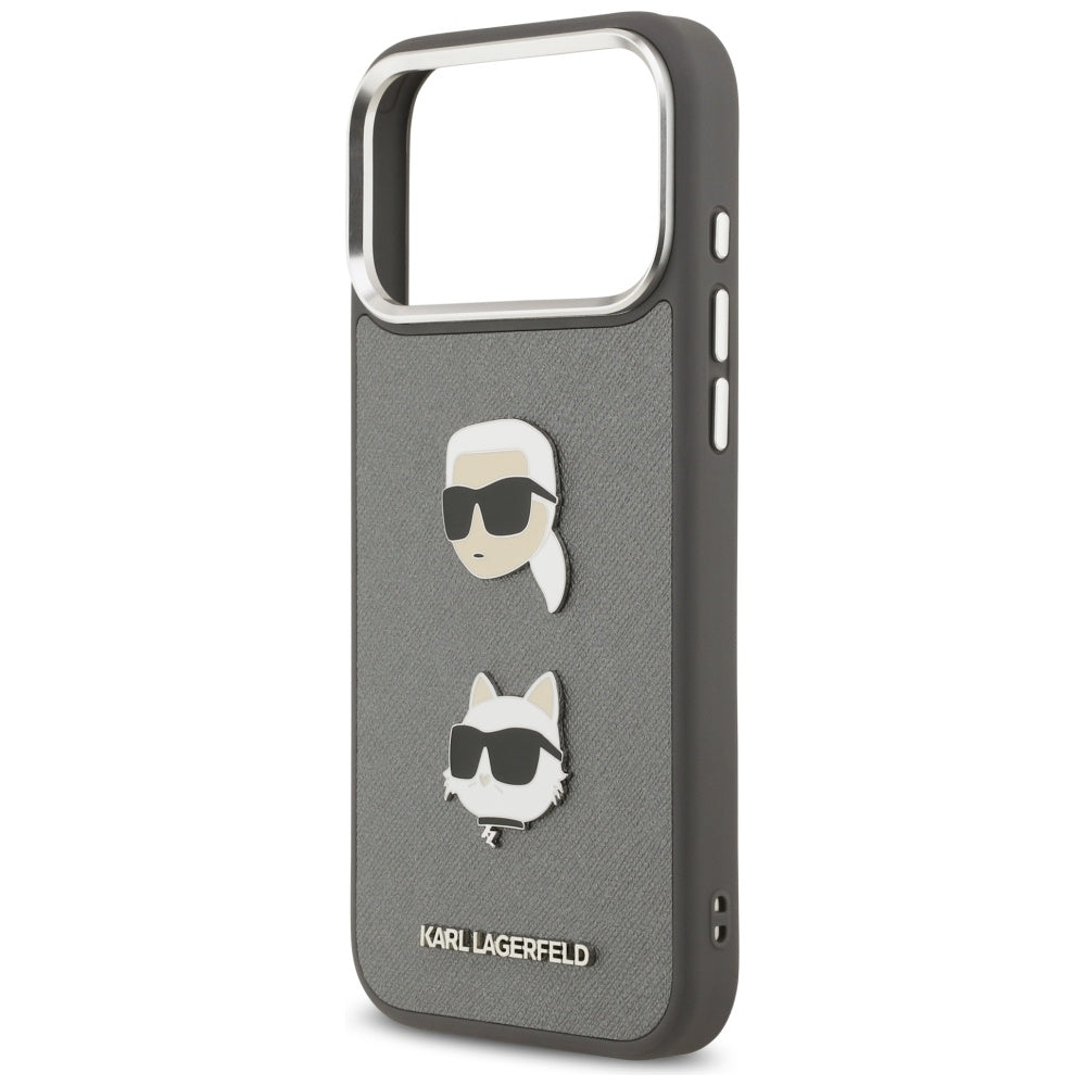Karl Lagerfeld FW Grained Karl &amp; Choupette Heads Pins &amp; Logo iPhone 17 Pro Max Case - Gray_5