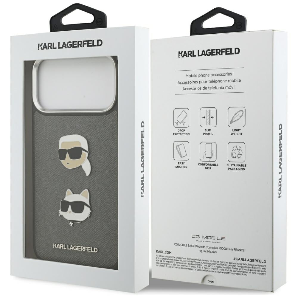 Karl Lagerfeld FW Grained Karl &amp; Choupette Heads Pins &amp; Logo iPhone 17 Pro Max Case - Gray_7