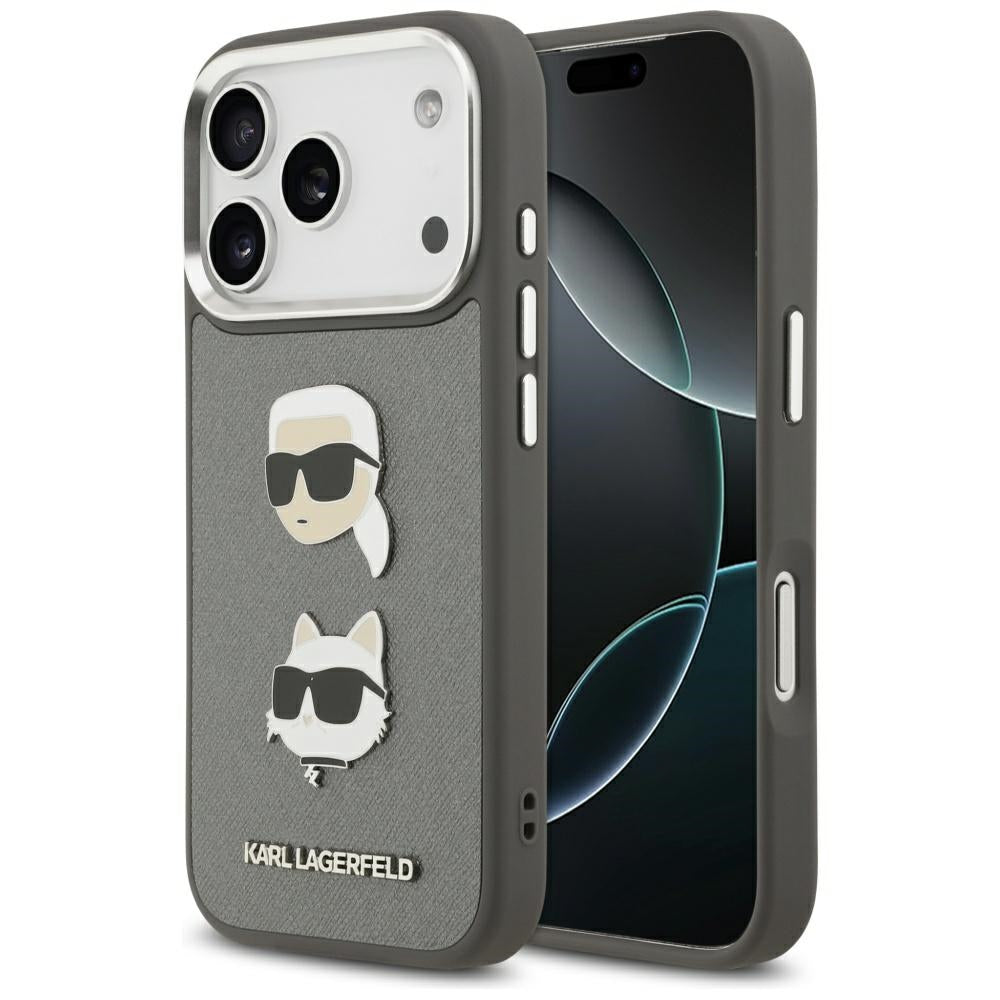 Karl Lagerfeld FW Grained Karl &amp; Choupette Heads Pins &amp; Logo iPhone 17 Pro Case - Gray_0