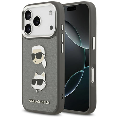 Karl Lagerfeld FW Grained Karl &amp; Choupette Heads Pins &amp; Logo iPhone 17 Pro Case - Gray_0