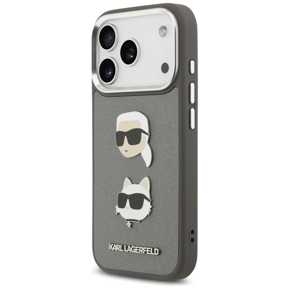 Karl Lagerfeld FW Grained Karl &amp; Choupette Heads Pins &amp; Logo iPhone 17 Pro Case - Gray_1