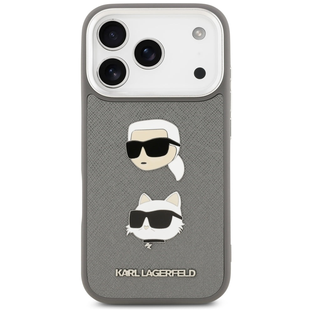 Karl Lagerfeld FW Grained Karl &amp; Choupette Heads Pins &amp; Logo iPhone 17 Pro Case - Gray_2