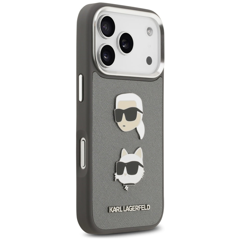 Karl Lagerfeld FW Grained Karl &amp; Choupette Heads Pins &amp; Logo iPhone 17 Pro Case - Gray_3