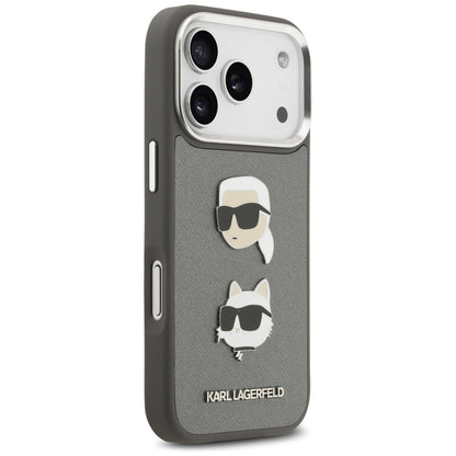 Karl Lagerfeld FW Grained Karl &amp; Choupette Heads Pins &amp; Logo iPhone 17 Pro Case - Gray_3