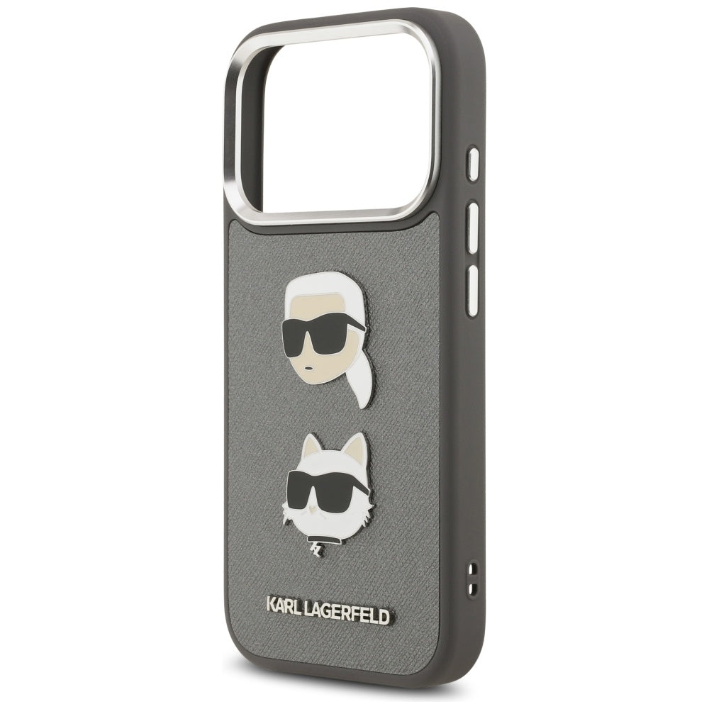 Karl Lagerfeld FW Grained Karl &amp; Choupette Heads Pins &amp; Logo iPhone 17 Pro Case - Gray_5