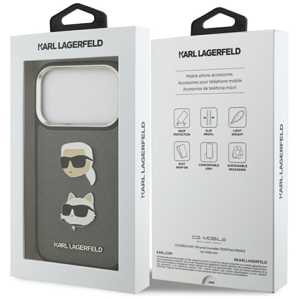 Karl Lagerfeld FW Grained Karl &amp; Choupette Heads Pins &amp; Logo iPhone 17 Pro Case - Gray_7