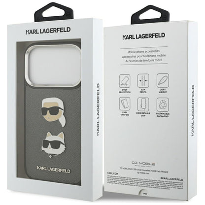 Karl Lagerfeld FW Grained Karl &amp; Choupette Heads Pins &amp; Logo iPhone 17 Pro Case - Gray_7