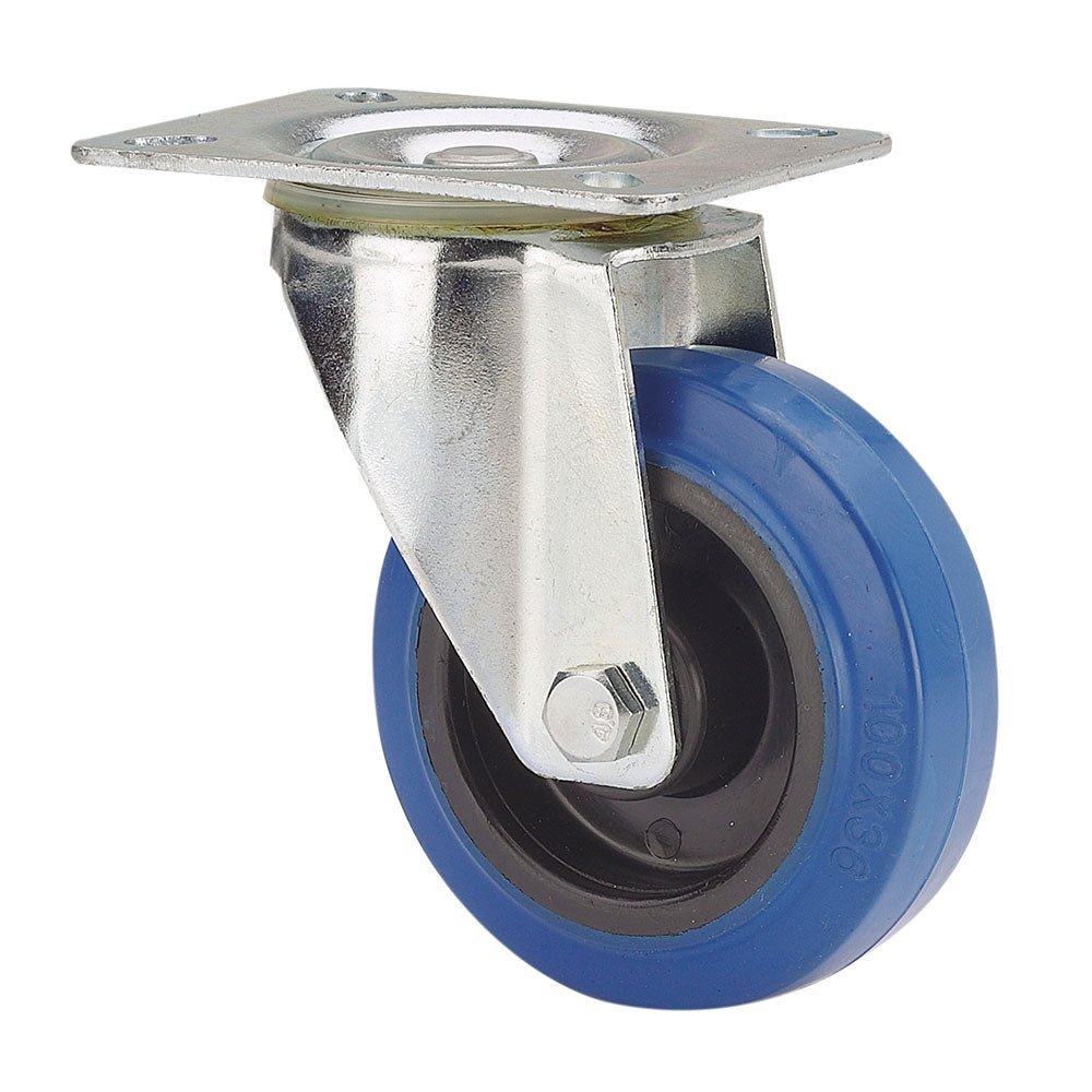 Roda giratÃ³ria em borracha com placa, eixo de rolo e travÃ£o, azul, carga mÃ¡xima 80 kg. Ã¸ 8 cm_0