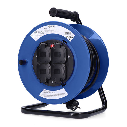 Enrolador de cabos profissional com proteÃ§Ã£o tÃ©rmica Ã¸3x2,5mm 25m 4 tomadas com tampas 3000w 230v edm_0