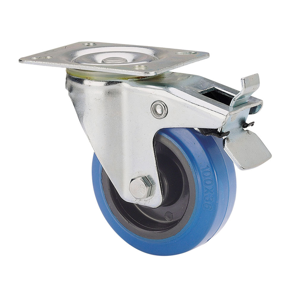 Roda giratÃ³ria em borracha com placa, eixo de rolo e travÃ£o, cor azul, carga mÃ¡x. 80 kg, Ã¸ 8 cm_0