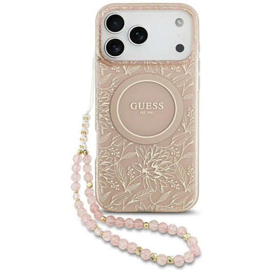 Guess IML Flowers Electro Pearl Strap MagSafe Case for iPhone 17 Pro Max - Pink_0