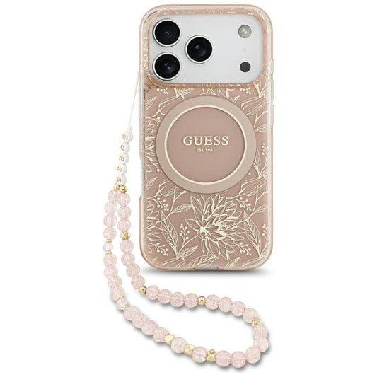 Guess IML Flowers Electro Pearl Strap MagSafe Case for iPhone 17 Pro - Pink_0