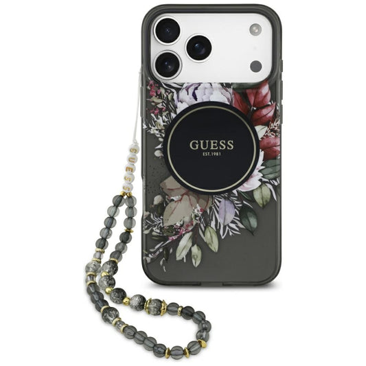 Guess IML Flowers Pearl Strap MagSafe case for iPhone 17 Pro Max - black_0