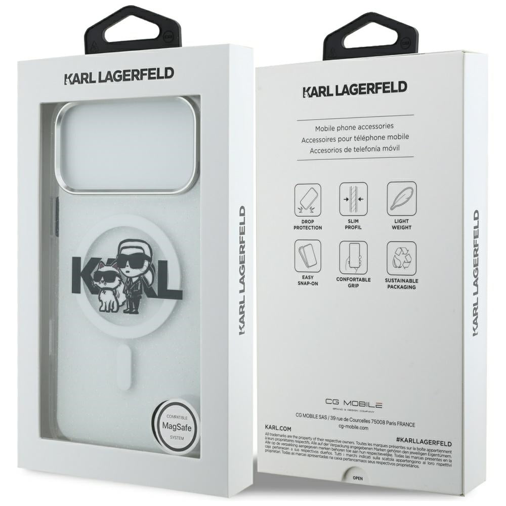 Karl Lagerfeld IML Glitter Karl &amp; Choupette Sketch Logo MagSafe Case for iPhone 17 Pro Max - Clear_7
