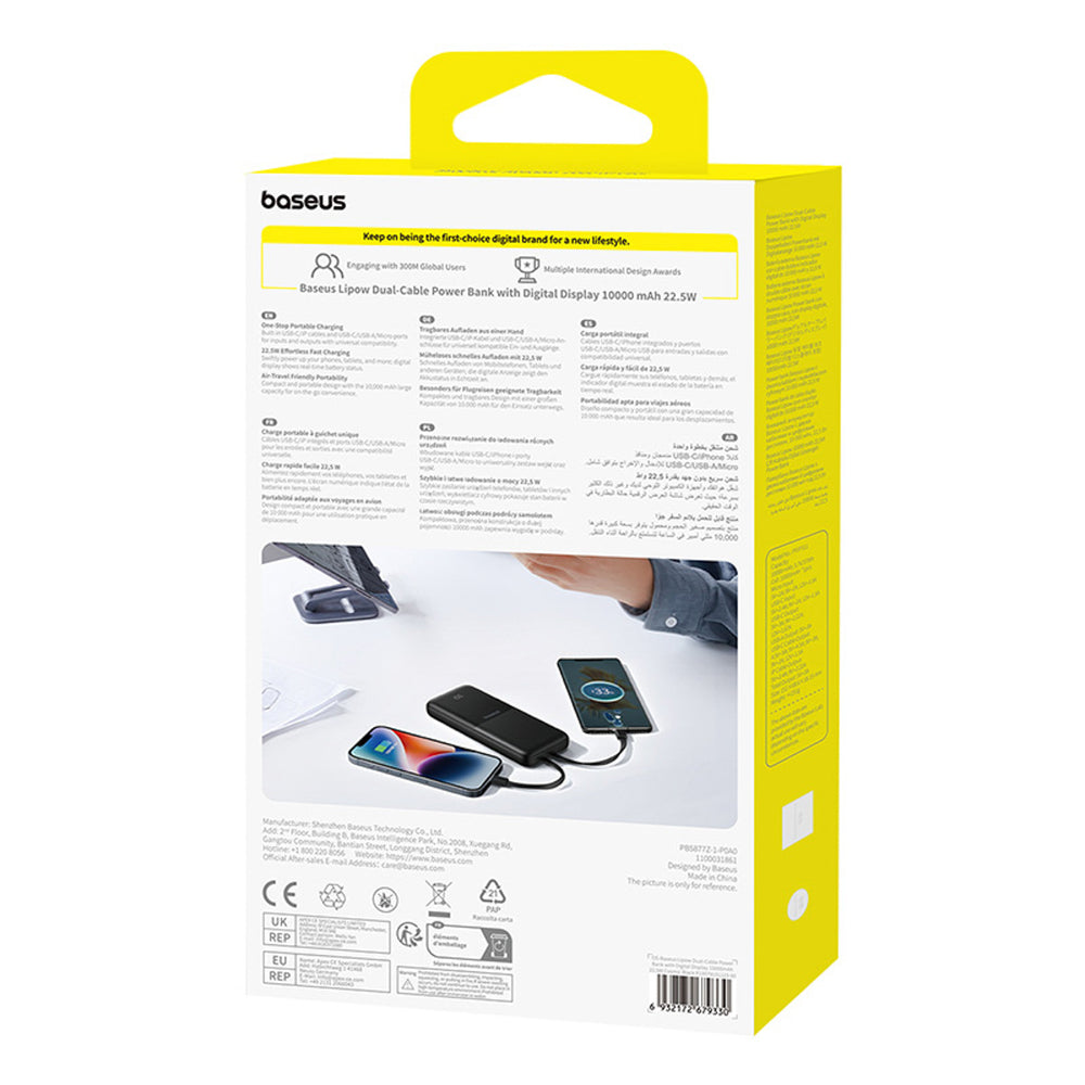 Baseus Lipow 10000mAh 22.5W Powerbank with Dual Built-in Cable with Display (with additional black Baseus Simple USB-A - USB-C 3A 0.2m cable) - Black_8