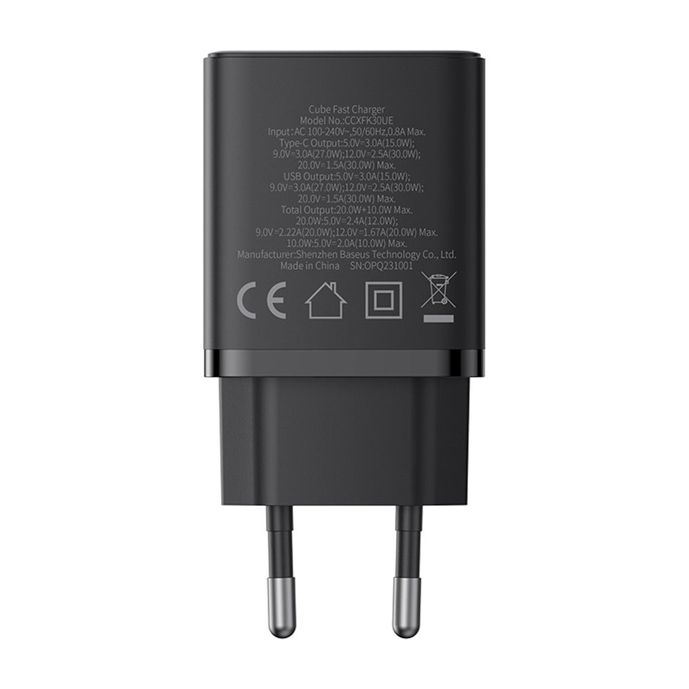 Carregador de Parede Baseus 30W / 2.4A / 1 x USB-A / 1 x USB-C / Preto / P10111404113-00_1