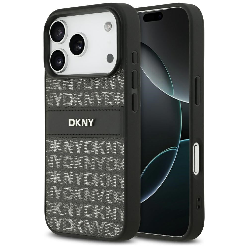 DKNY Repeat Texture Pattern with Tonal Stripe iPhone 17 Pro Case - Black_0