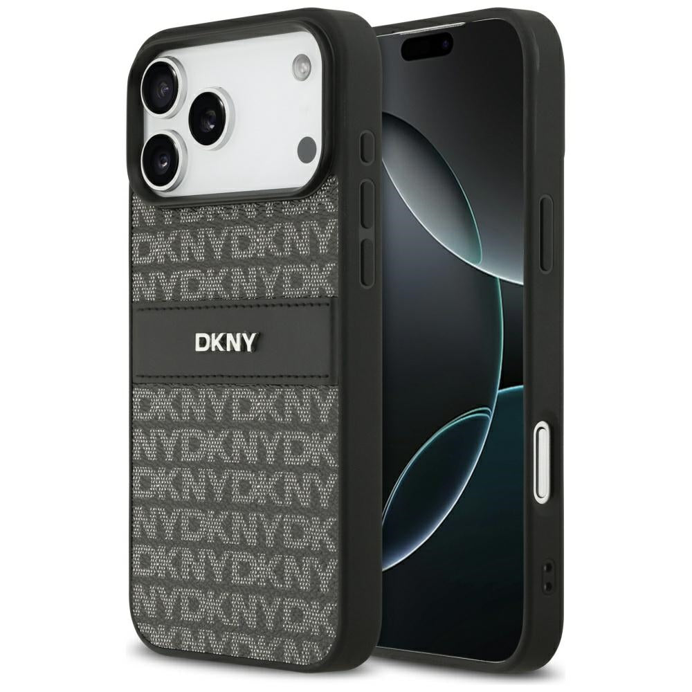 DKNY Repeat Texture Pattern with Tonal Stripe Case for iPhone 17 Pro Max - Black_0