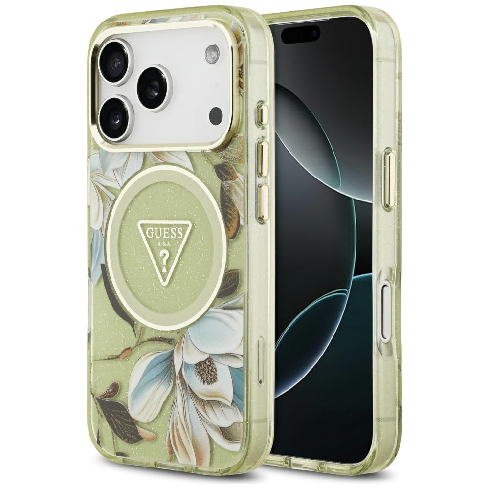 Guess IML Glitter Flowers Triangle MagSafe Case for iPhone 17 Pro Max - Green_0