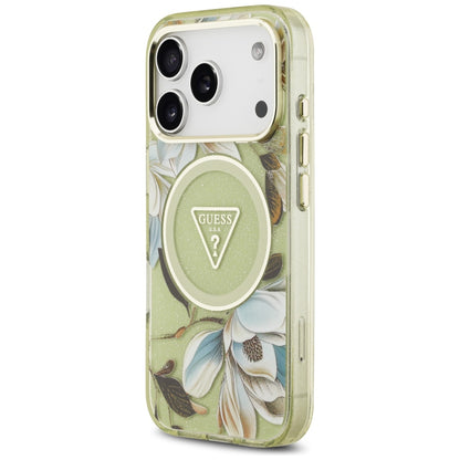 Guess IML Glitter Flowers Triangle MagSafe Case for iPhone 17 Pro Max - Green_1