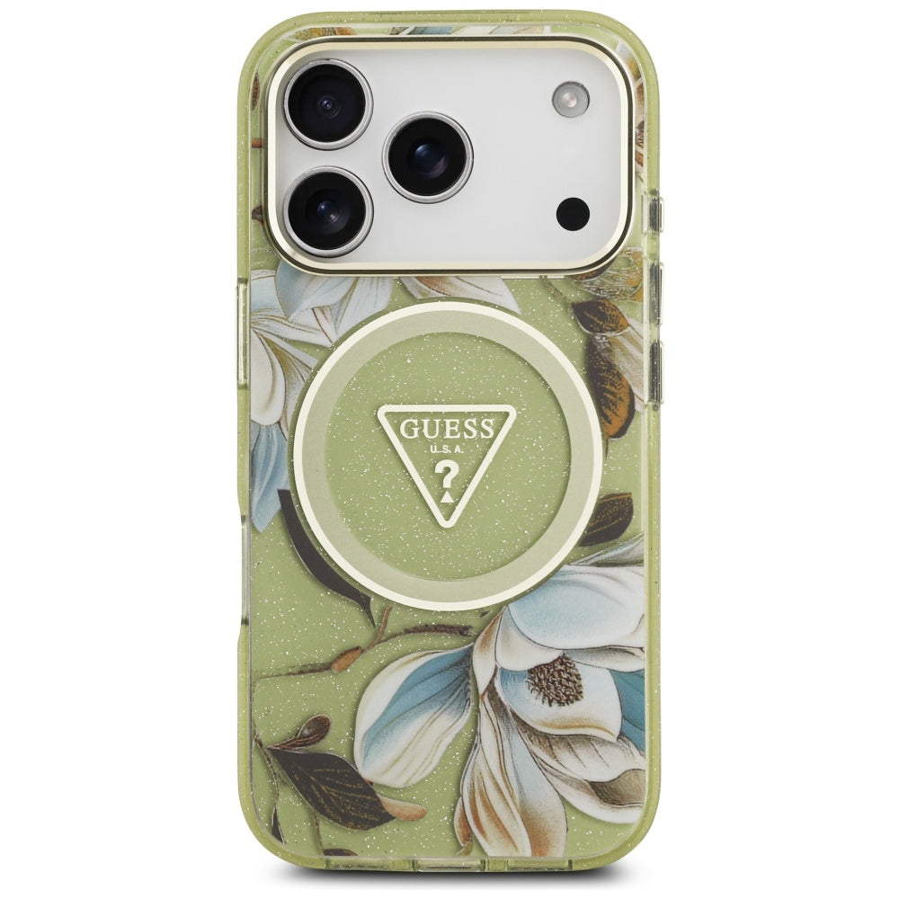 Guess IML Glitter Flowers Triangle MagSafe Case for iPhone 17 Pro Max - Green_2